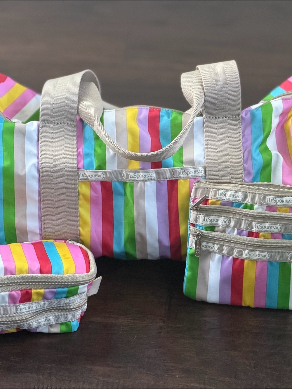 Lesportsac Multicolor Vertical Stripe Tote with Matching Cosmetic Travel Pouches